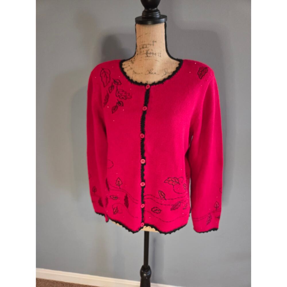 Vintage hand embroidered knit red fall button sweater cardigan leaves L